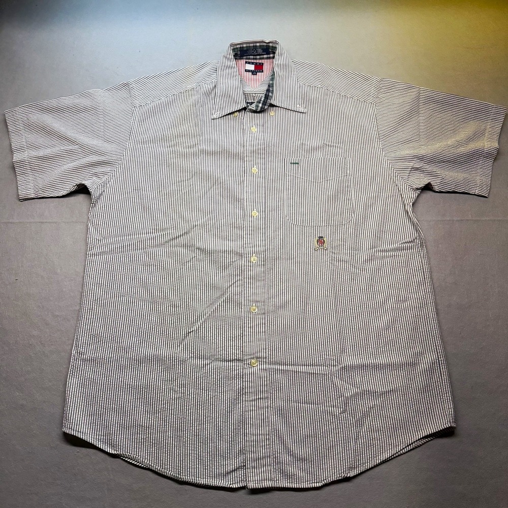 Tommy Hilfiger Men's M Blue/White Striped Short Sleeve Button-Up, Pockets - Picture 1 of 9
